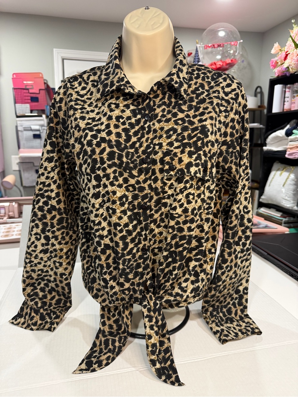 Leopard Tie-Front Button-Up Shirt Jacket - Black & Tan